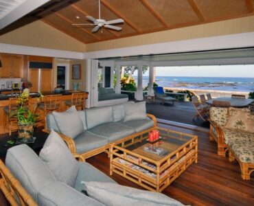 view from the great room looking out to lanai, ocean